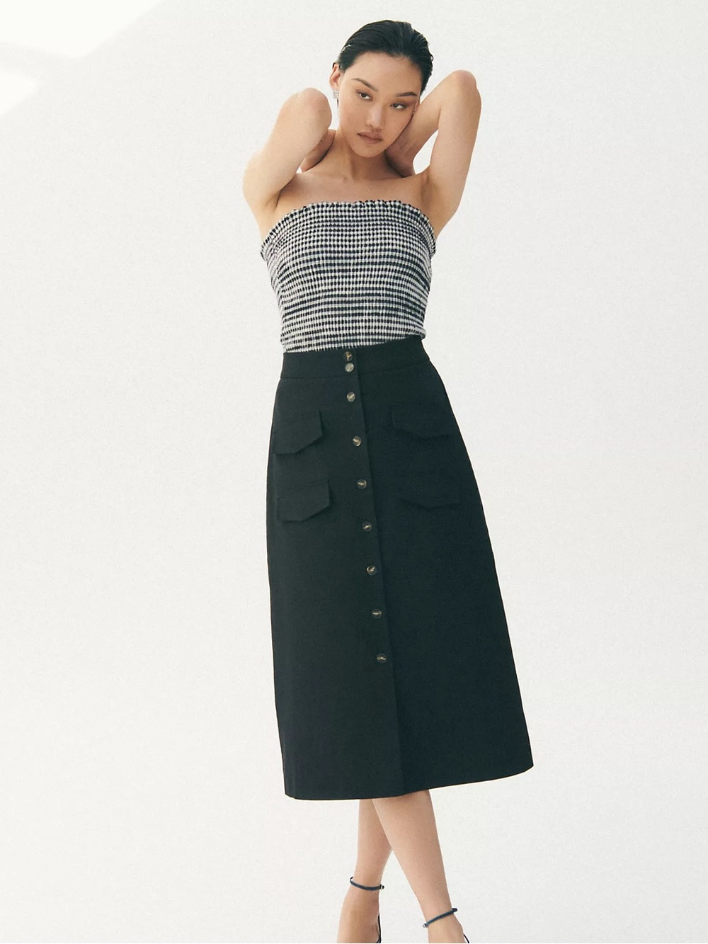 Anthropologie Mare Mare Black Utility Midi Skirt Button Front Cargo Pocket Small